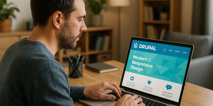 Man working on a laptop at a desk in a cozy office setting.