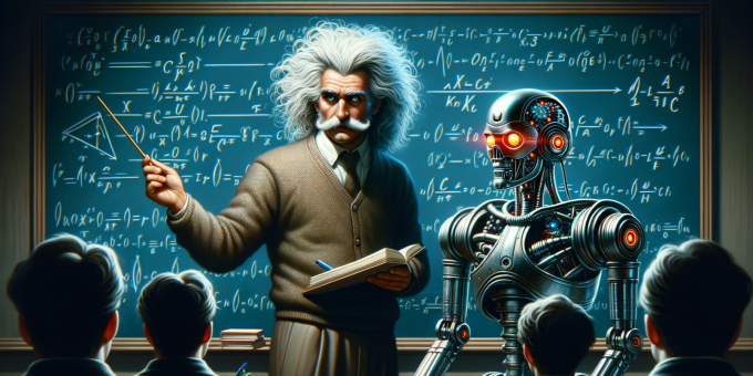 Scientist and robot teaching math to students in a classroom.
