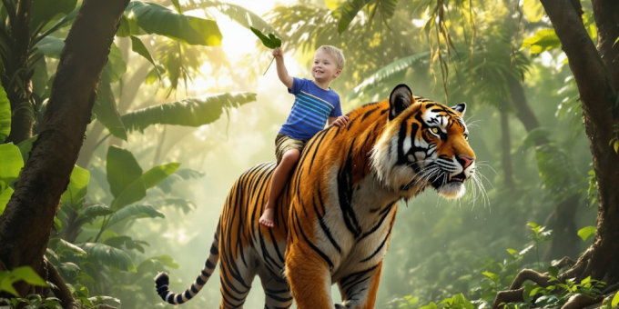 Child riding a tiger in a lush jungle setting.