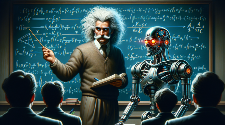 Scientist and robot teaching math to students in a classroom.
