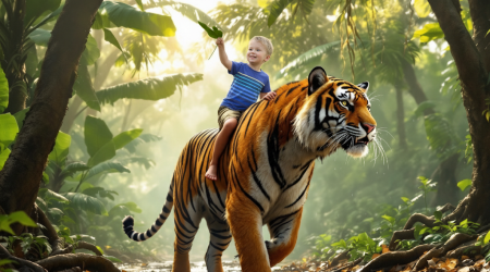 Child riding a tiger in a lush jungle setting.