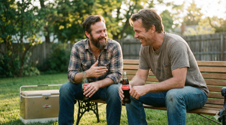 Two men sitting on a bench outside, smiling and holding drinks.