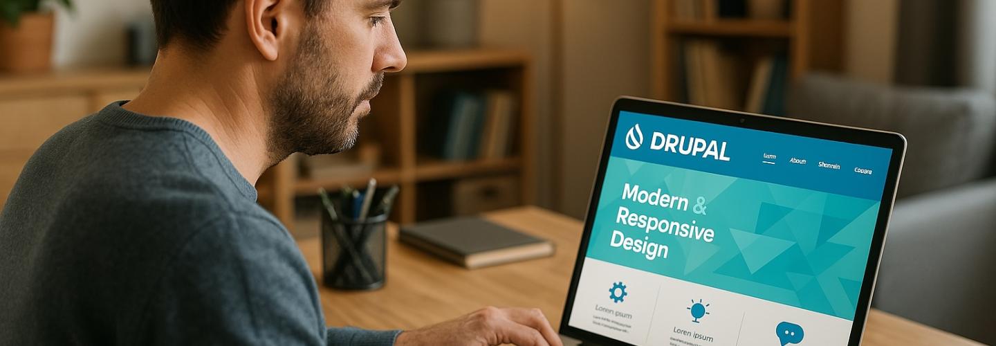 Man working on a laptop at a desk in a cozy office setting.