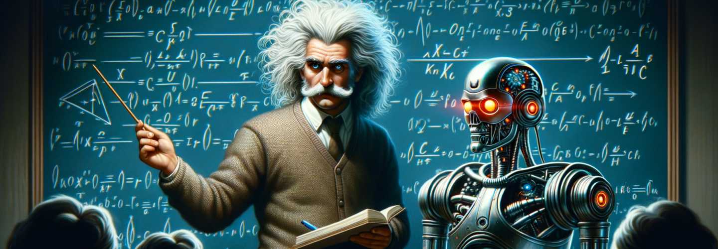 Scientist and robot teaching math to students in a classroom.
