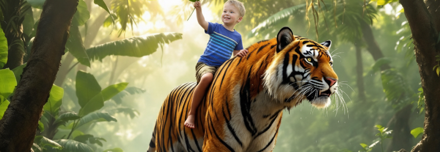 Child riding a tiger in a lush jungle setting.